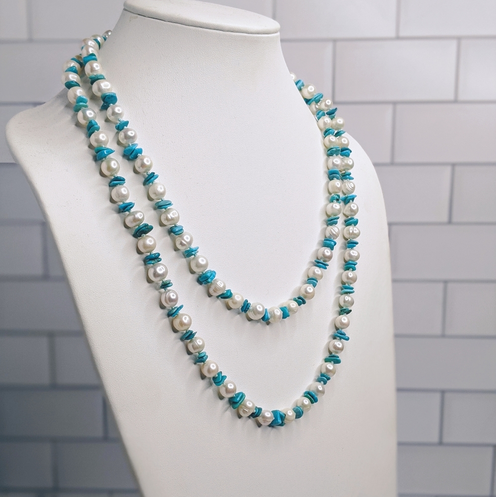 925 pearl & turquoise chip long strand necklace